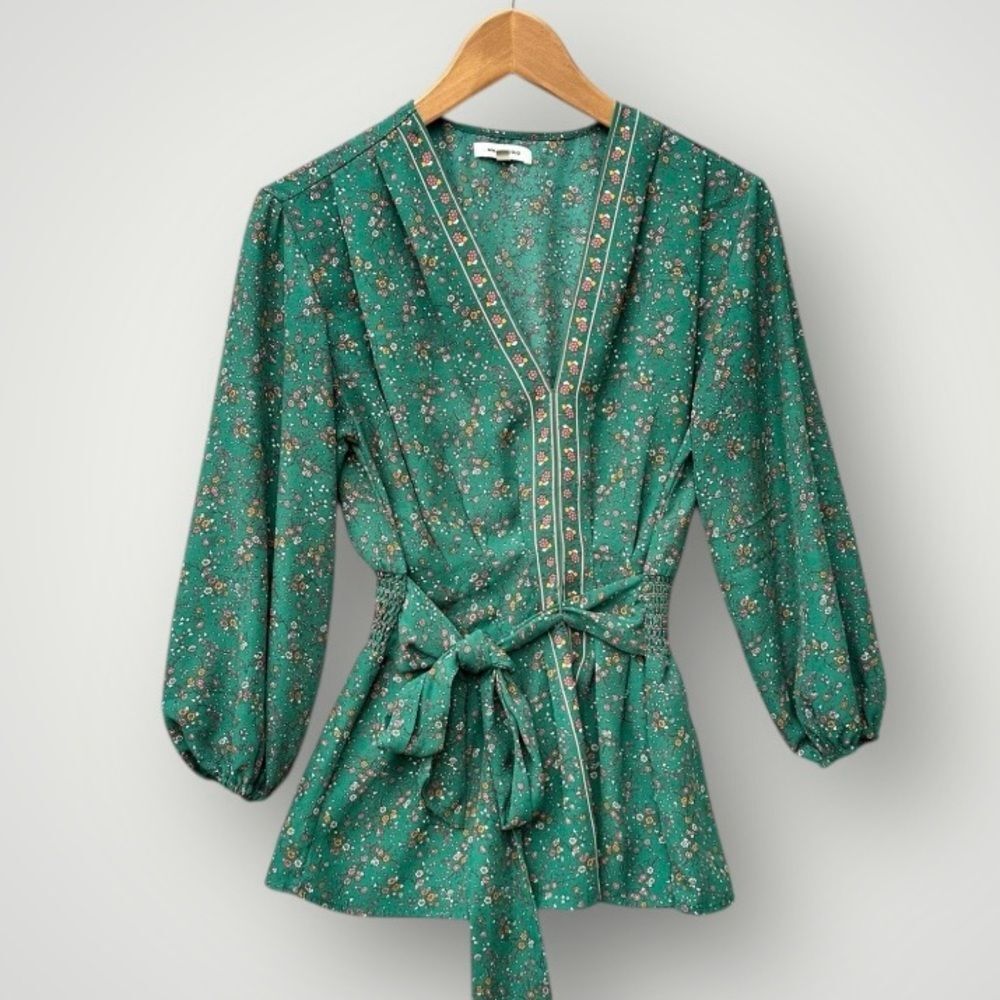 Max Studio Green Floral V-Neck Tie-Waist Blouse